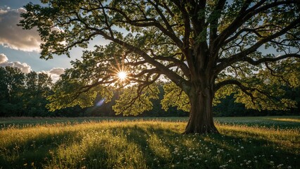 Wall Mural - grand tree surrounded by lush nature scenery