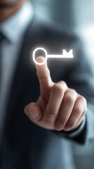 Businessman Touching Key Icon Representing Access, Authorization, Security Clearance, Strategic Solution and Unlocking Opportunities, Vertical