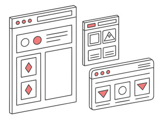 isometric illustration of website layouts and user interface elements