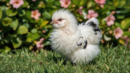 a tiny black and white bird amidst fresh grass and summer blossoms