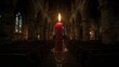 © NeuralNiche - Crimson candle glowing warmly in a glass holder inside a sanctuary