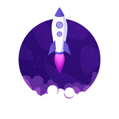 Wall Mural - Rocket launch, space futuristic colorful background with planets and stars. Cartoon starship, spaceship in night sky. Solar system, galaxy and universe exploration. Vector illustration