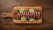 © Giovanni - Top-down image of smoked tuna arranged on a wooden serving board atop a natural wood table, with area for text