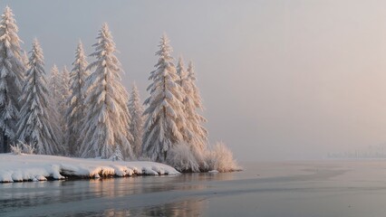 Wall Mural - Chilly morning landscape of snow-covered trees near the water
