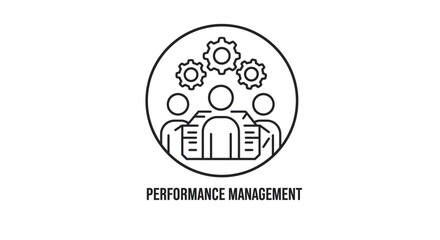 Performance Management Icon: A minimalist icon of a team collaborating with gears above, representing performance management concept.
