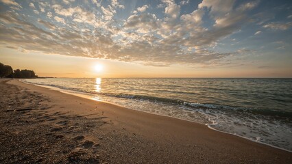 Wall Mural - calm bay scene with sandy beach at dusk