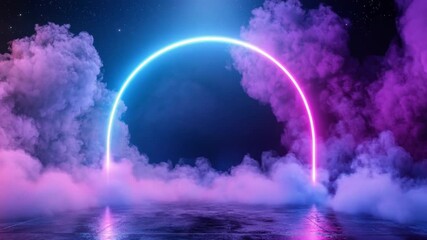 Wall Mural - vibrant neon arch surrounded by colorful smoke in a mystical setting at night 4k video footage