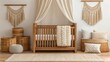 © pttrpic597 - Boho Nursery Cozy nursery featuring a wooden crib, woven baskets, and textured wall hangings in neutral tones.