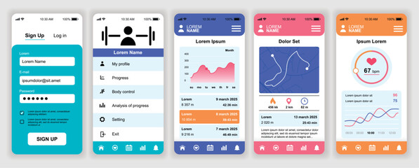 Canvas Print - fitness workout mobile app interface templates set. web design kit with phone display, sport statist
