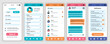 © alexdndz - Online messenger mobile app interface templates set. Web design kit with phone display, account, menu, friends list, chat with messages. Pack of UI, UX, GUI screens for application. Vector design.