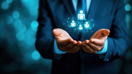 Wall Mural - business professional holding virtual icons symbolizing team collaboration and digital connectivity 