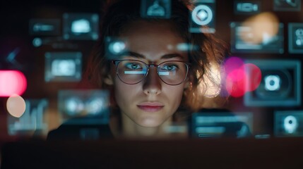 Woman Interacting with Digital Data Overlays & Futuristic UI

