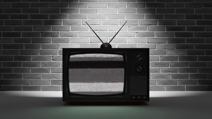 A retro television with a static screen is illuminated by a spotlight against a brick wall, symbolizing outdated media and nostalgia.