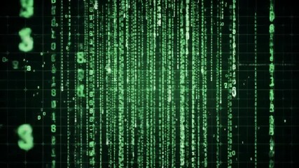 Futuristic technology background with a cascading stream of glowing green computer code and numbers on a dark display.