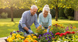 © Alexey - Senior couple gardening together in backyard. Elderly man and woman planting colorful flowers on sunny day. Active retirement, outdoor hobby for older adults