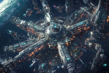 Wall Mural - space station with a large, glowing hub in the center