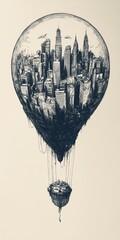 Wall Mural - an imaginative illustration featuring a hot air balloon hovering above a stylized cityscape, blendin