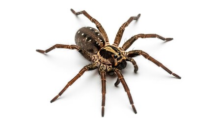 A large hairy spider with intricate brown and black patterns on its body and legs is captured in a detailed macro shot on a white background