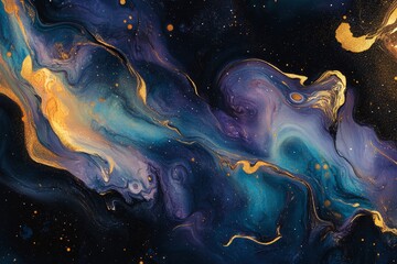 Wall Mural - Painting of a galaxy with gold and blue swirls. The colors are vibrant and the brushstrokes are bold. The painting evokes a sense of wonder and awe at the vastness of the universe