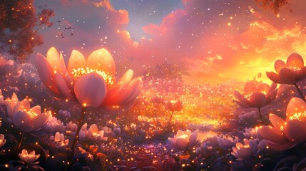 Wall Mural - Field of flowers with a bright orange sky in the background. The flowers are lit up with a soft glow, creating a peaceful and serene atmosphere