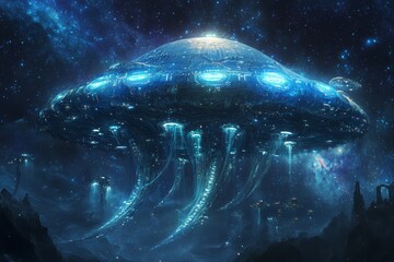 Wall Mural - blue space ship with a blue dome on top of it