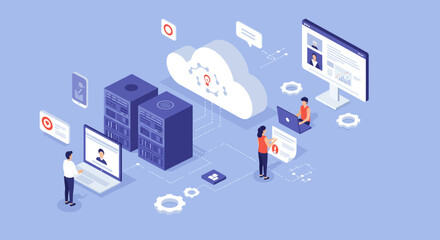 Isometric Illustration of Cloud Computing and Data Servers.