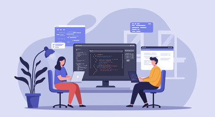 Two Developers Coding on Laptops and Monitor.