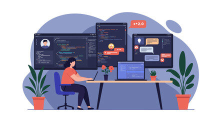 Woman Coding on Laptop with Multiple Screens.