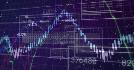 Wall Mural - Showing candlestick bars tracing market movements on dark purple grid, with line graphs, labels