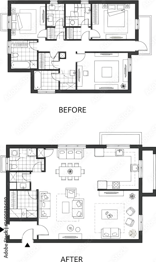 Reconfiguring Layout Comparing before and after floor plans illustrating a home renovation ...
