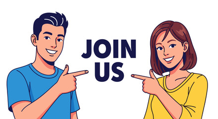 A vibrant illustration depicts a smiling man and woman pointing towards the words 'JOIN US', inviting viewers to engage with a message of togetherness and collaboration.