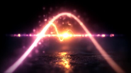 Wall Mural - Vibrant glowing audio waveform animation pulsating on a reflective dark surface background.