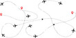 © SHAMIM - Black airplanes follow dashed flight paths with red location markers travel aviation