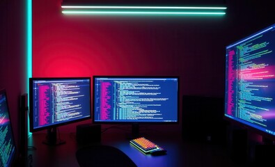 modern computer workstation with coding on multiple screens illuminated keyboards and vibrant lights
