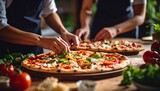Close-up view of skilled hands expertly shaping and stretching fresh pizza dough, capturing the artisanal process of pizza making with flour dust and rustic kitchen ambiance in cinematic lighting