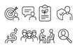 © May - Inclusive Performance Icons. Outline vector icons of inclusive performance reviews: goal alignment, feedback