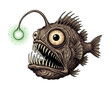 © Rapupi - Illustration of a menacing anglerfish with sharp teeth and a glowing lure, isolated on a white background.