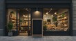 © Ari - A bakery shop with a dark facade, displaying various baked goods and treats in its window. A blank chalkboard stands outside.