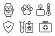 © May - Pet Health Icons. Outline icon set of pet health monitoring: heart rate monitor, paw print, weight scale,