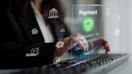 Wall Mural - Secure online payment, safe e-commerce transactions, digital payment solutions, online financial security, and electronic payment systems ensuring smooth business continuity. Muxer