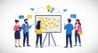 © Habiba - A diverse team of professionals is actively engaged in a brainstorming session around a whiteboard covered in sticky notes