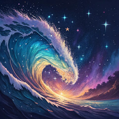 a surreal painting of a large ocean wave under a starry night sky with land in the distance view on 