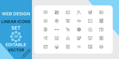 Thirty editable vector web design linear icons. Includes various website elements, interface symbols, and design tools. 