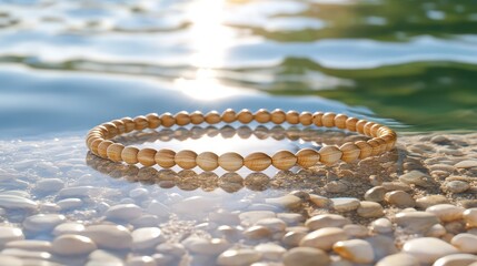Wall Mural - Wooden Bead Bracelet on Smooth Stones by Tranquil Water Surface
