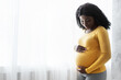 © Prostock-studio - Beautiful pregnant african american woman hugging her tummy, enjoying her pregnancy, free space. Side view of young black expecting lady standing next to window at home, touching her big belly