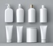 © Ibnu - Eight blank white cosmetic containers, including pumps, sprays, tubes, and a jar, arranged on a grey background, showcasing various packaging options