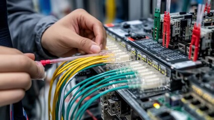 Wall Mural - network specialist connecting fiber optic cables to a network switch in a modern data center, ensuri