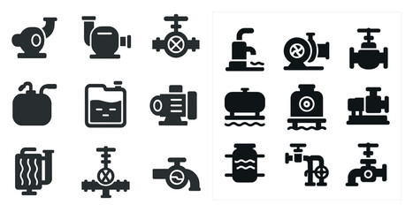 Collection of black and white icons of various plumbing and water related items. The icons include a pump, a water tank, a faucet, and a pipe