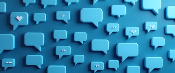 Multiple blue speech bubbles with various icons on a vibrant blue background, representing digital interaction.