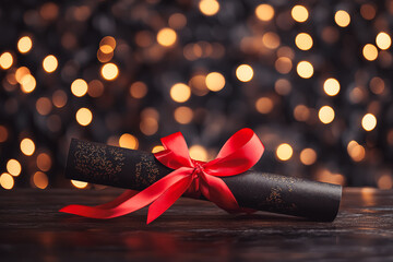 Wall Mural - red ribbon is tied around a black graduation certificate. the ribbon is tied in a bow and the certif